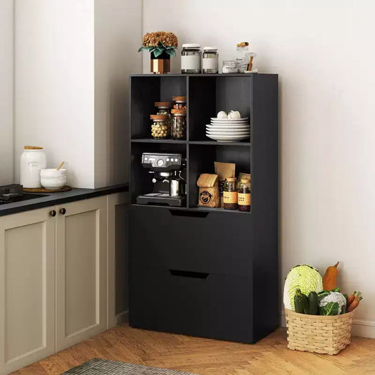 Libreria a 5 livelli con 4 scomparti aperti e 2 cassetti, nero/grigio/naturale, per adulti