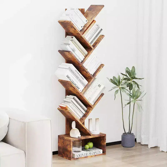 Libreria a forma di albero a 8 livelli in stile rustico con ripiani aperti, ideale per salotti, camere da letto e uffici