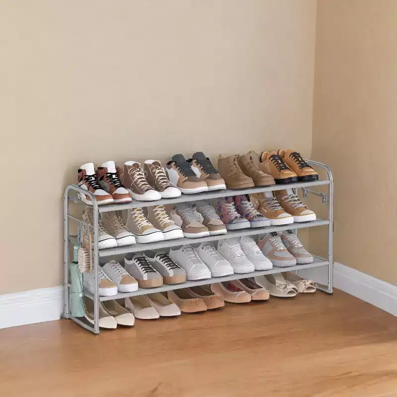 Scarpiera, Organizer per Scarpe a 3 Livelli, Scaffale Porta Scarpe in Tessuto con 4 Ganci, Contiene Fino a 18 Paia di Scarpe, Scarpiera Regolabile in Altezza per Ingresso