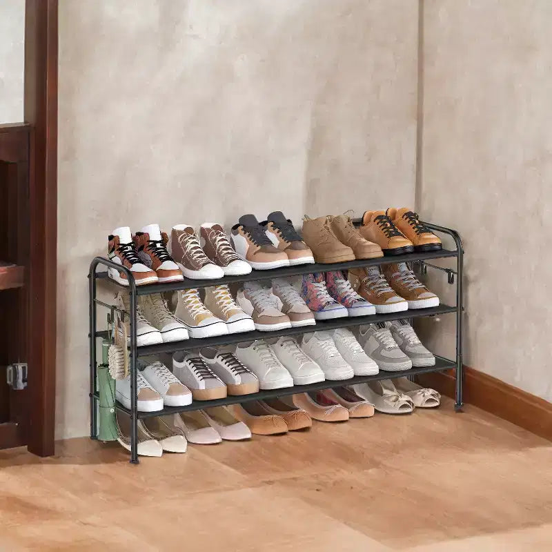 Shoe Rack, 3 Tier Shoe Organizer, Fabric Shoe Shelf Storage with 4 Hooks, Holds up to 18 Pairs of Shoes, Height-Adjustable Shoe Rack for Entryway