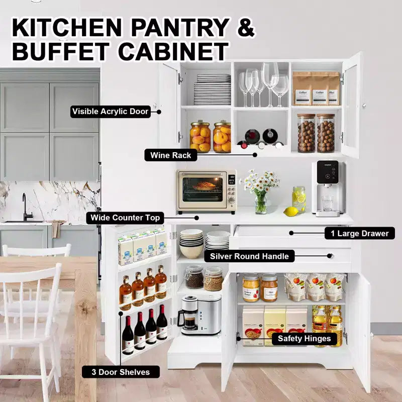 Mobile dispensa da cucina da 68 pollici, mobile credenza da cucina autoportante con portabottiglie, cassetto e ante a ripiani