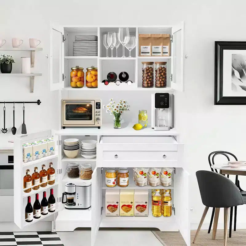 Mobile dispensa da cucina da 68 pollici, mobile credenza da cucina autoportante con portabottiglie, cassetto e ante a ripiani