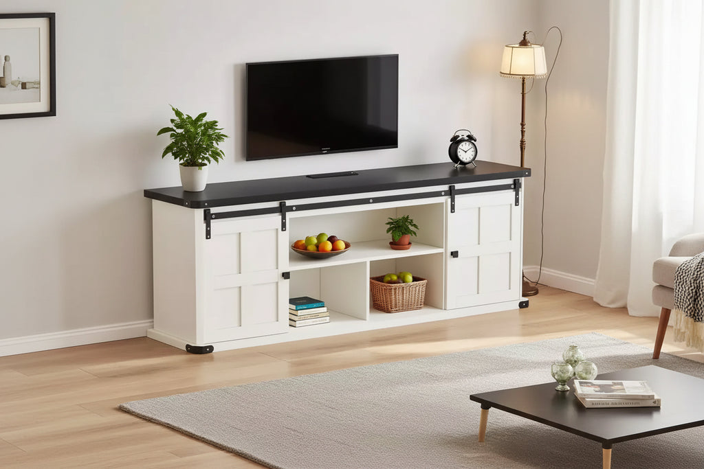 TROPOW 70 TV Stand for 75 Inch TVs, Farmhouse Entertainment Center with Sliding Barn Doors and Storage Cabinets, Modern Media TV Console Table