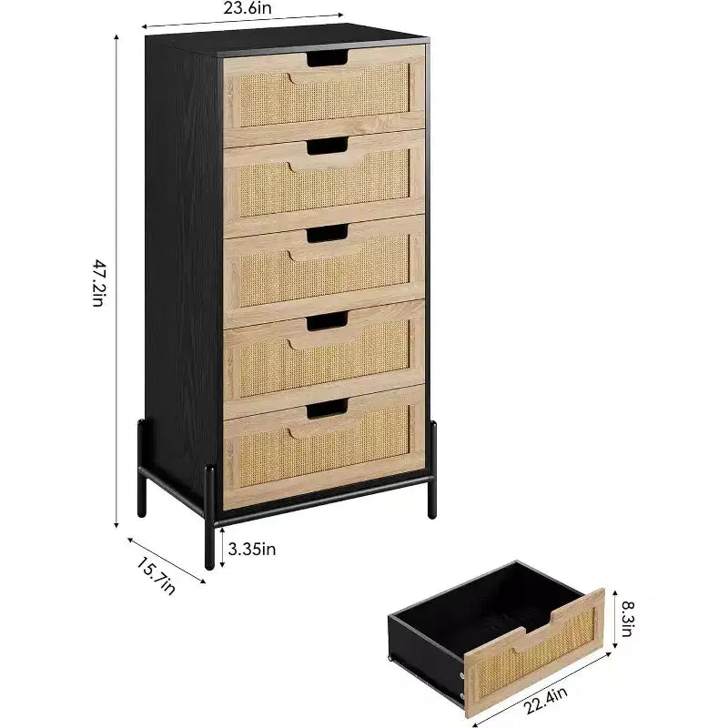Natural Rattan 5 Drawer Dresser, Wooden Chest of Drawer, Farmhouse Storage Cabinet with Metal Legs, Modern Dresser for Bedroom, Living Room