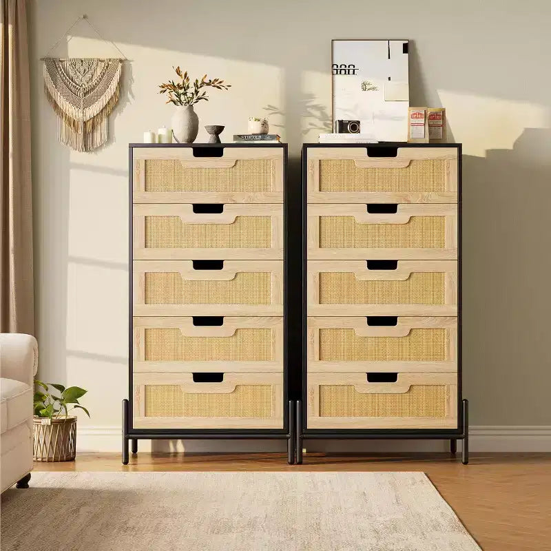Natural Rattan 5 Drawer Dresser, Wooden Chest of Drawer, Farmhouse Storage Cabinet with Metal Legs, Modern Dresser for Bedroom, Living Room