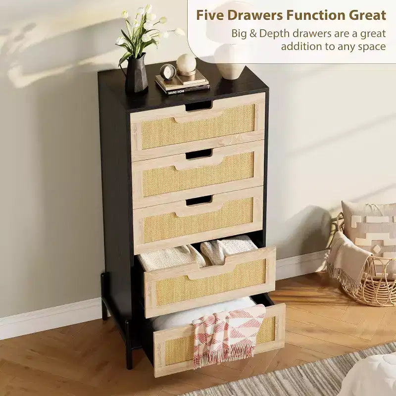 Natural Rattan 5 Drawer Dresser, Wooden Chest of Drawer, Farmhouse Storage Cabinet with Metal Legs, Modern Dresser for Bedroom, Living Room