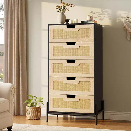 Cassettiera a 5 cassetti in rattan naturale, Cassettiera in legno, Armadietto contenitore rustico con gambe in metallo, Cassettiera moderna per camera da letto, soggiorno