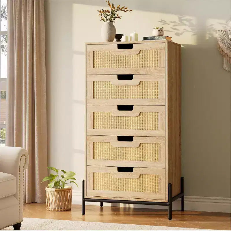 Natural Rattan 5 Drawer Dresser, Wooden Chest of Drawer, Farmhouse Storage Cabinet with Metal Legs, Modern Dresser for Bedroom, Living Room