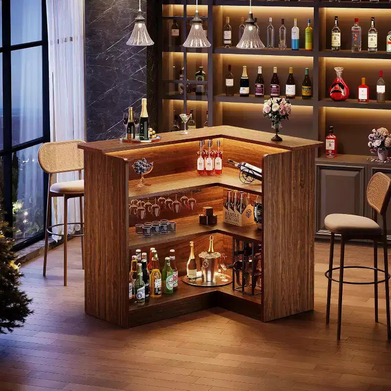 Mobile bar angolare a L, tavolo da liquori angolare a 4 ripiani con portabicchieri e ripiani, per cucina, soggiorno, pub domestico