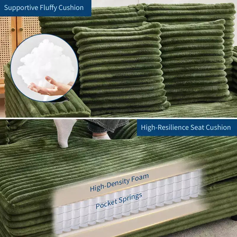 Chaise longue sovradimensionata da 54 pollici, divano letto imbottito con 4 cuscini e portabicchieri, comodo divano in velluto a coste per soggiorno e camera da letto, verde