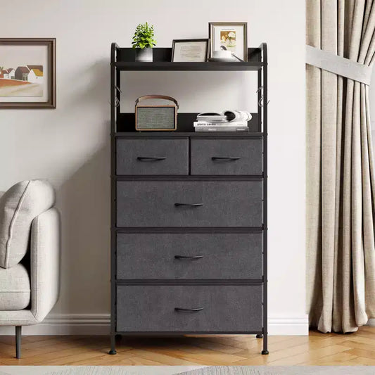 Comò a 5 cassetti per camera da letto, organizer con contenitori in tessuto, piano in legno, robusto telaio in acciaio, maniglia facile da tirare