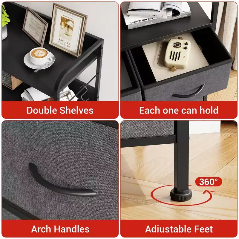 5 Drawer Dresser for Bedroom, Storage Organizer with Fabric Bins, Wood Top, Sturdy Steel Frame, Easy Pull Handle