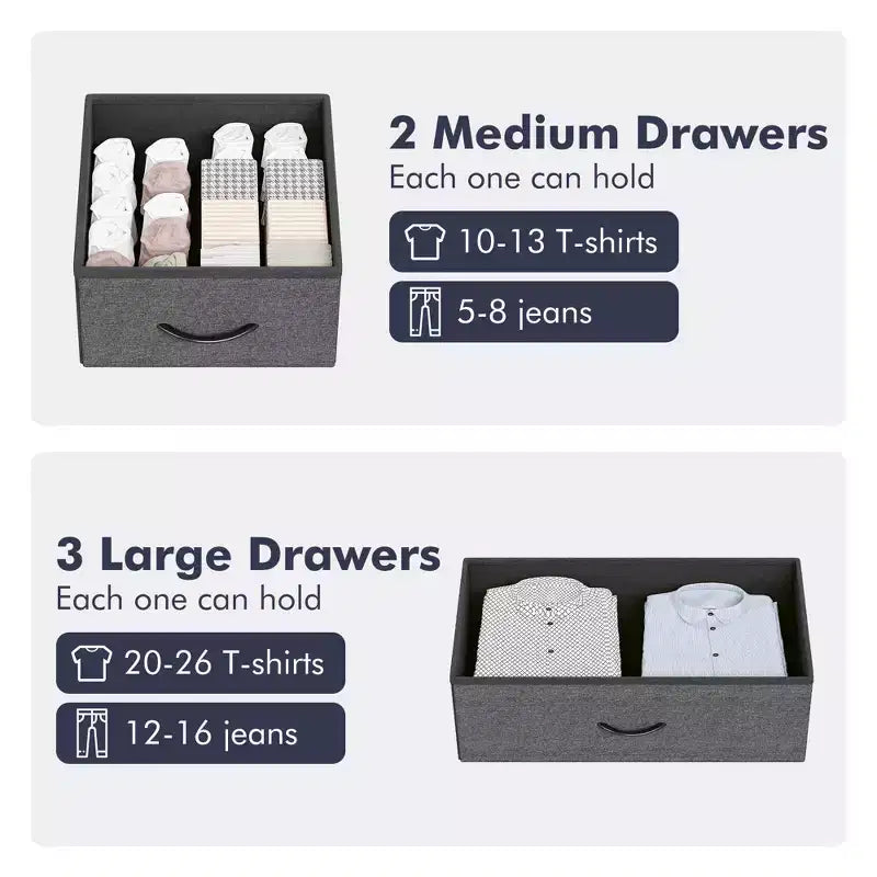 5 Drawer Dresser for Bedroom, Storage Organizer with Fabric Bins, Wood Top, Sturdy Steel Frame, Easy Pull Handle