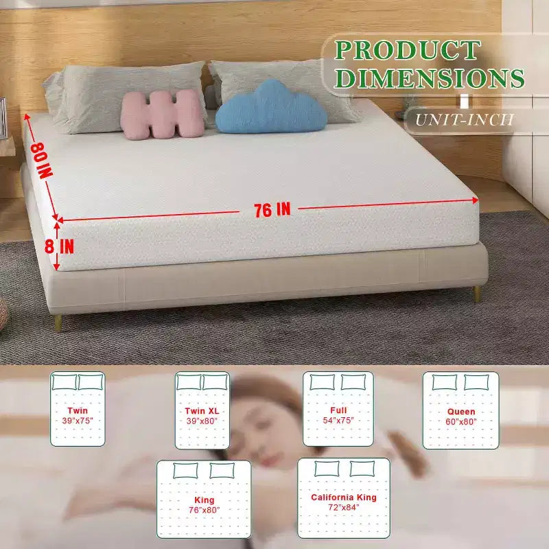 Materasso da 8 pollici in memory foam di carbone di bambù, rigidità media, certificato CertiPUR-US