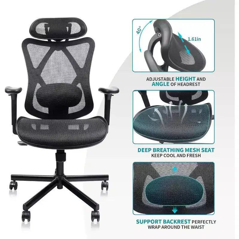 Sedia da ufficio ergonomica in rete, sedia da computer con supporto lombare regolabile, braccioli e poggiatesta, sedia Criss Cross per casa, ufficio, nera