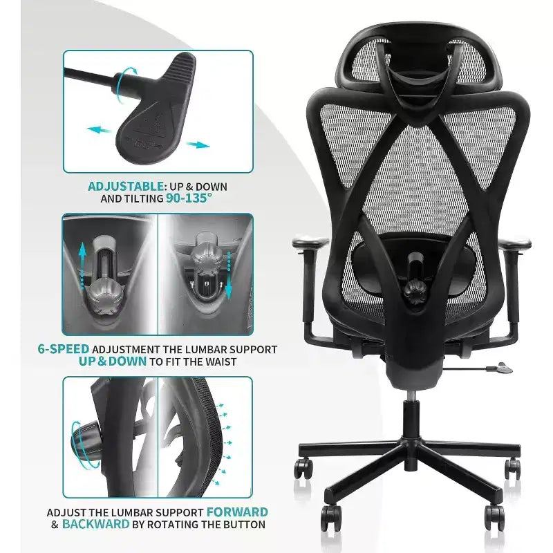 Sedia da ufficio ergonomica in rete, sedia da computer con supporto lombare regolabile, braccioli e poggiatesta, sedia Criss Cross per casa, ufficio, nera
