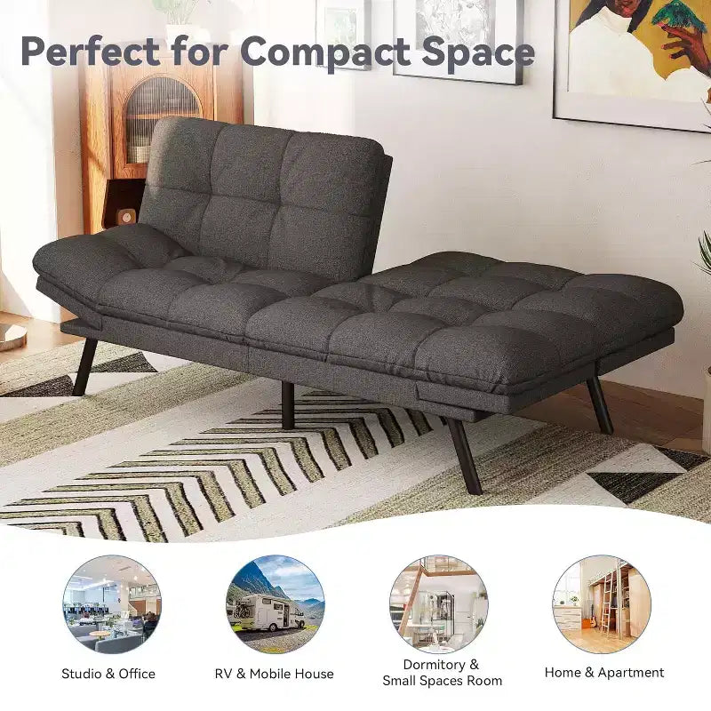 Divano Letto Futon 71", Accogliente Divanetto Trasformabile, Divano in Tessuto Lino con Schienale e Braccioli Regolabili per Soggiorno, Camera degli Ospiti - Grigio Chiaro