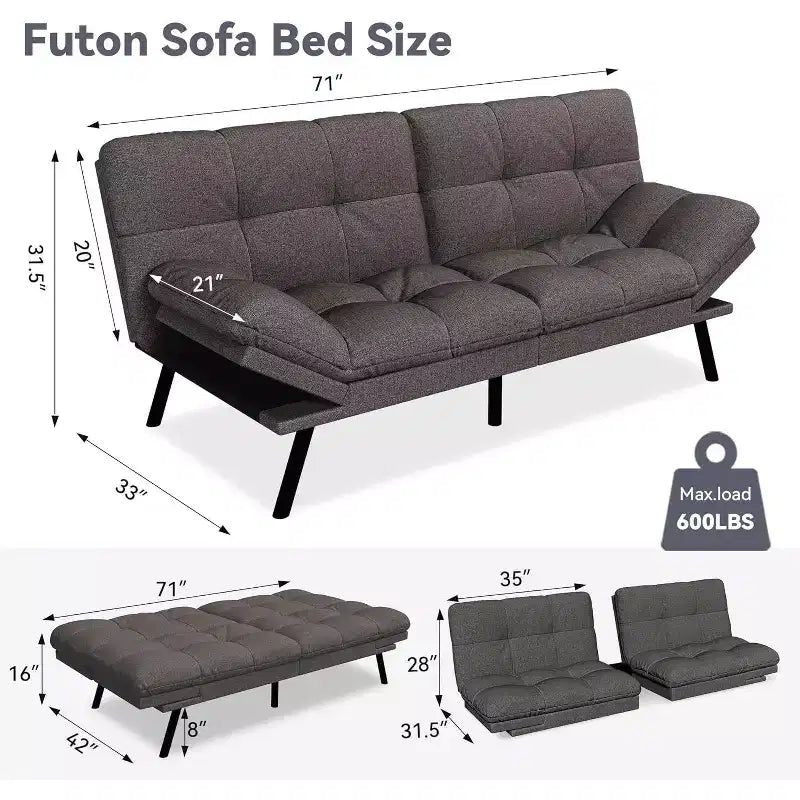 Divano Letto Futon 71", Accogliente Divanetto Trasformabile, Divano in Tessuto Lino con Schienale e Braccioli Regolabili per Soggiorno, Camera degli Ospiti - Grigio Chiaro