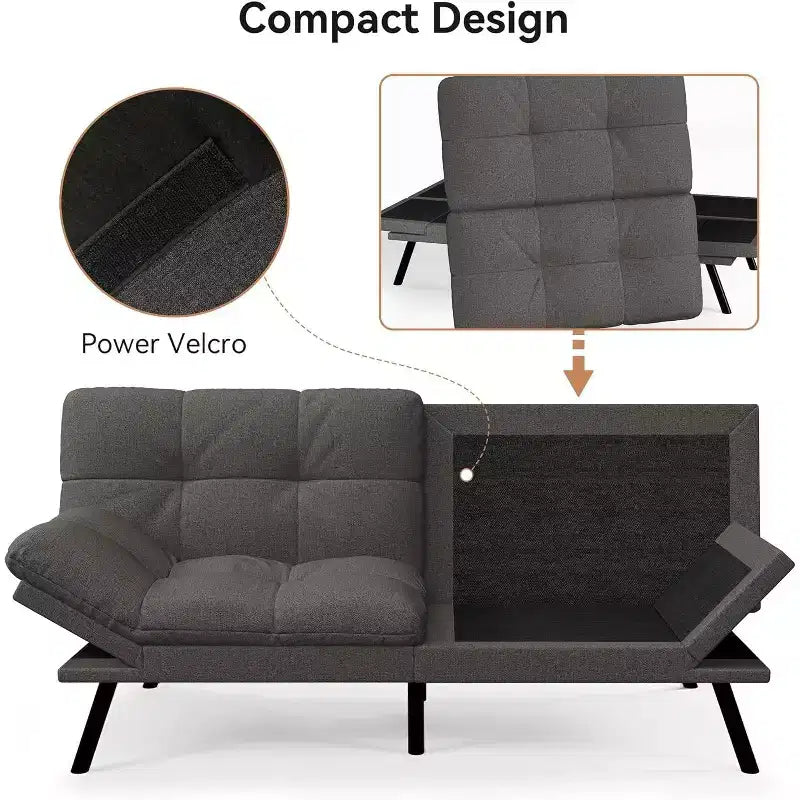 Divano Letto Futon 71", Accogliente Divanetto Trasformabile, Divano in Tessuto Lino con Schienale e Braccioli Regolabili per Soggiorno, Camera degli Ospiti - Grigio Chiaro