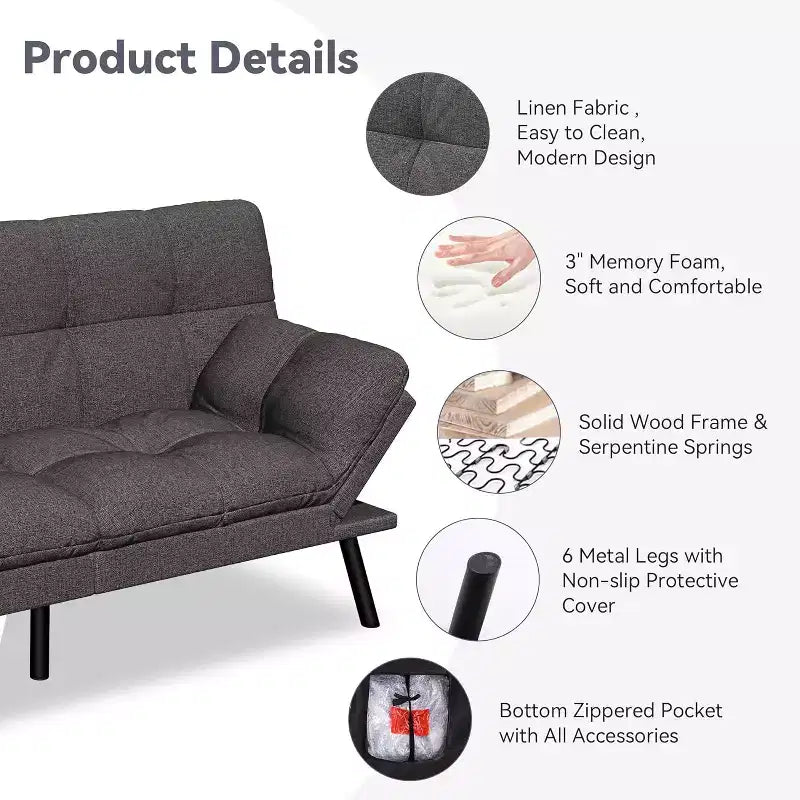 Divano Letto Futon 71", Accogliente Divanetto Trasformabile, Divano in Tessuto Lino con Schienale e Braccioli Regolabili per Soggiorno, Camera degli Ospiti - Grigio Chiaro