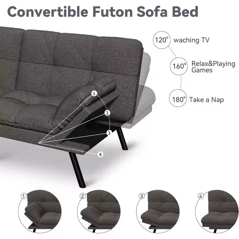 Divano Letto Futon 71", Accogliente Divanetto Trasformabile, Divano in Tessuto Lino con Schienale e Braccioli Regolabili per Soggiorno, Camera degli Ospiti - Grigio Chiaro
