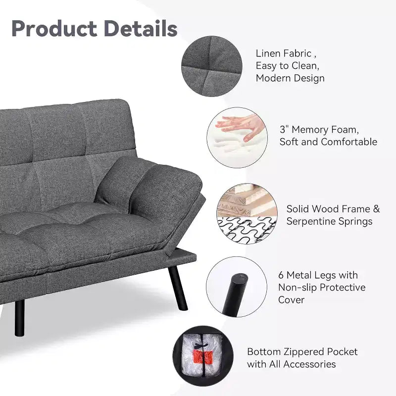 Divano Letto Futon 71", Accogliente Divanetto Trasformabile, Divano in Tessuto Lino con Schienale e Braccioli Regolabili per Soggiorno, Camera degli Ospiti - Grigio Chiaro
