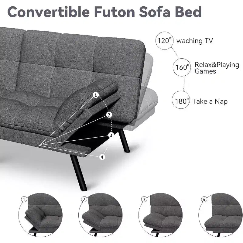 Divano Letto Futon 71", Accogliente Divanetto Trasformabile, Divano in Tessuto Lino con Schienale e Braccioli Regolabili per Soggiorno, Camera degli Ospiti - Grigio Chiaro