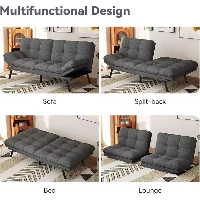 Divano Letto Futon 71", Accogliente Divanetto Trasformabile, Divano in Tessuto Lino con Schienale e Braccioli Regolabili per Soggiorno, Camera degli Ospiti - Grigio Chiaro