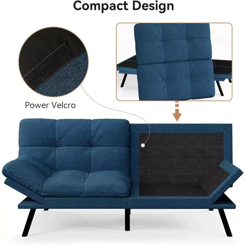 Divano Letto Futon 71", Accogliente Divanetto Trasformabile, Divano in Tessuto Lino con Schienale e Braccioli Regolabili per Soggiorno, Camera degli Ospiti - Grigio Chiaro