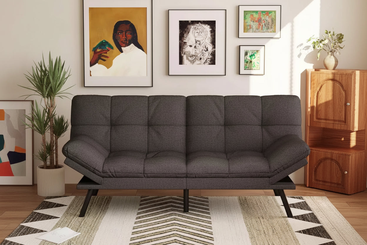 Divano Letto Futon 71", Accogliente Divanetto Trasformabile, Divano in Tessuto Lino con Schienale e Braccioli Regolabili per Soggiorno, Camera degli Ospiti - Grigio Chiaro