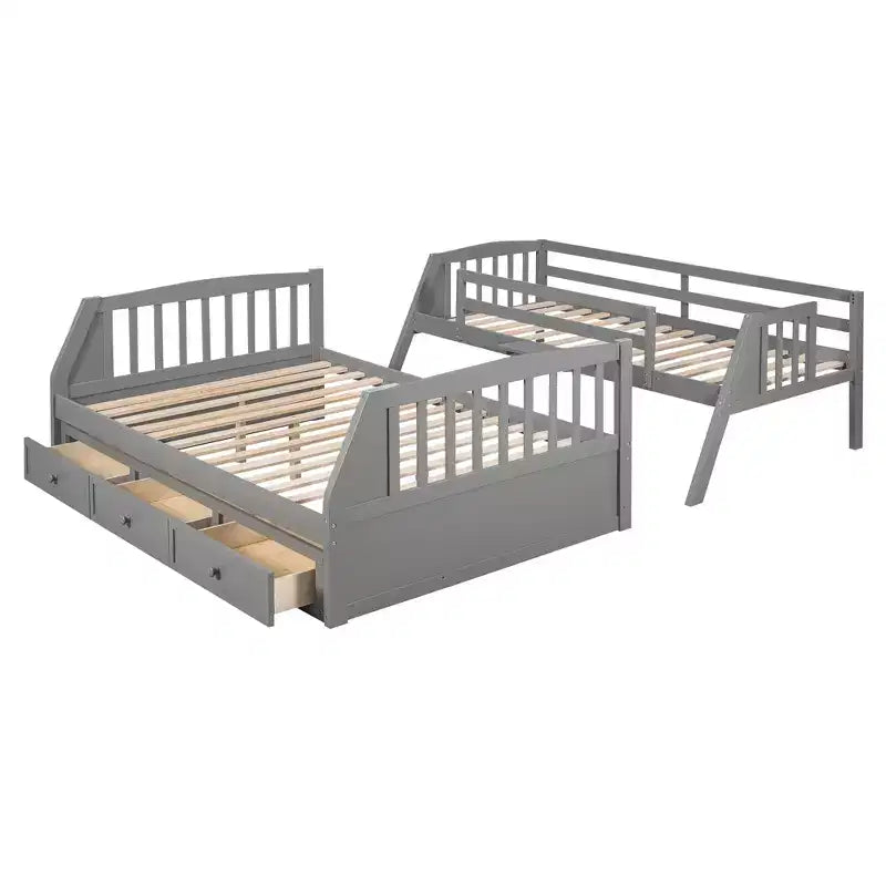 Letto a castello a una piazza e mezza con cassetti, letto a castello in legno trasformabile con due cassetti portaoggetti, telaio letto a castello staccabile in legno massello