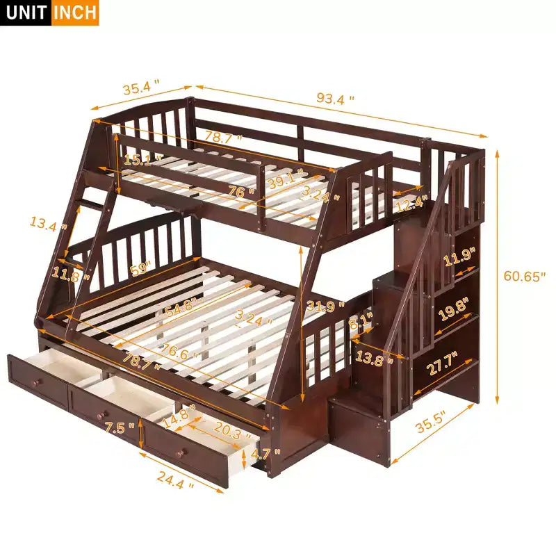 Letto a castello a una piazza e mezza con cassetti, letto a castello in legno trasformabile con due cassetti portaoggetti, telaio letto a castello staccabile in legno massello