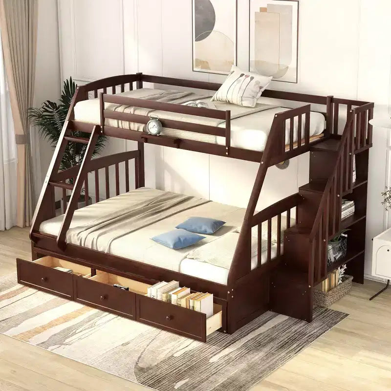 Letto a castello a una piazza e mezza con cassetti, letto a castello in legno trasformabile con due cassetti portaoggetti, telaio letto a castello staccabile in legno massello