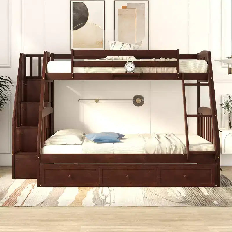 Twin over Full Bunk Bed with Drawers, Convertible Wood Bunk Bed with Two Storage Drawers, Solid Wood Detachable Bunk Bed Frame