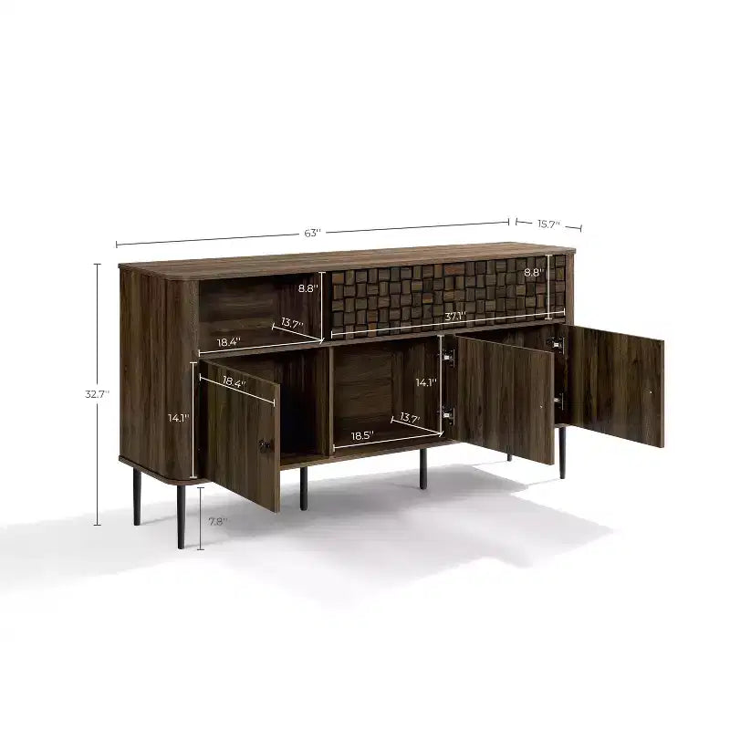 Credenza con 3 ante e 2 ante scorrevoli in legno impiallacciato rovere scuro e trama intrecciata