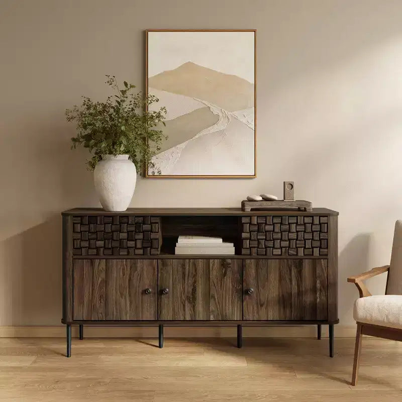 Credenza con 3 ante e 2 ante scorrevoli in legno impiallacciato rovere scuro e trama intrecciata