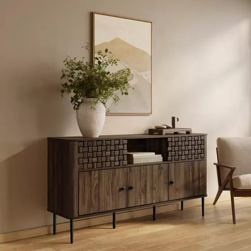 Credenza con 3 ante e 2 ante scorrevoli in legno impiallacciato rovere scuro e trama intrecciata
