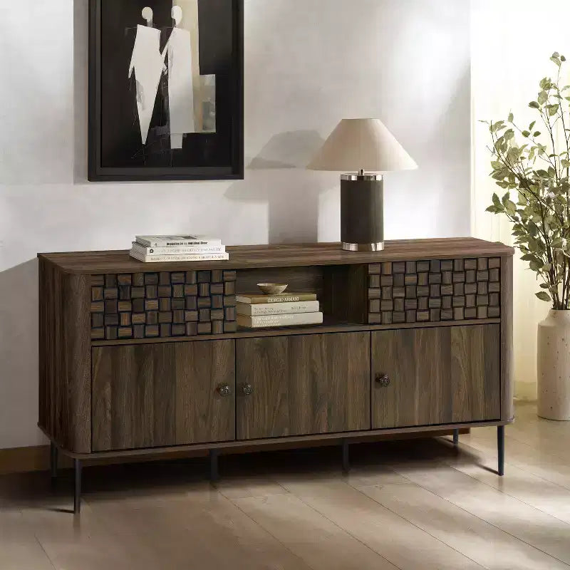 Credenza con 3 ante e 2 ante scorrevoli in legno impiallacciato rovere scuro e trama intrecciata