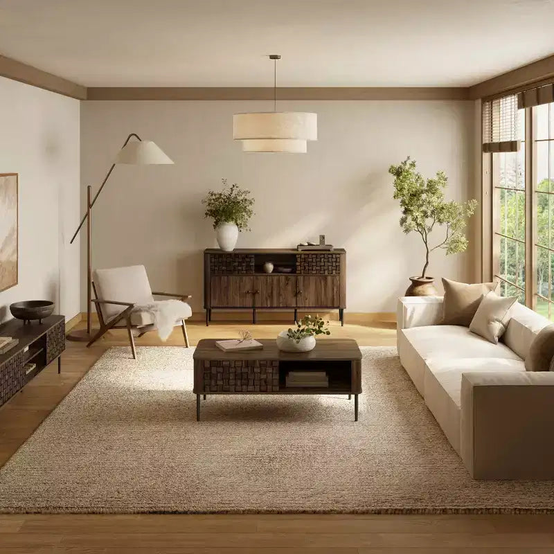 Credenza con 3 ante e 2 ante scorrevoli in legno impiallacciato rovere scuro e trama intrecciata