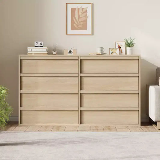 Comò a 8 cassetti per camera da letto, 54 pollici di larghezza, rovere naturale, comò a 8 cassetti con ampio spazio di archiviazione, organizer in legno per soggiorno, cameretta, ingresso