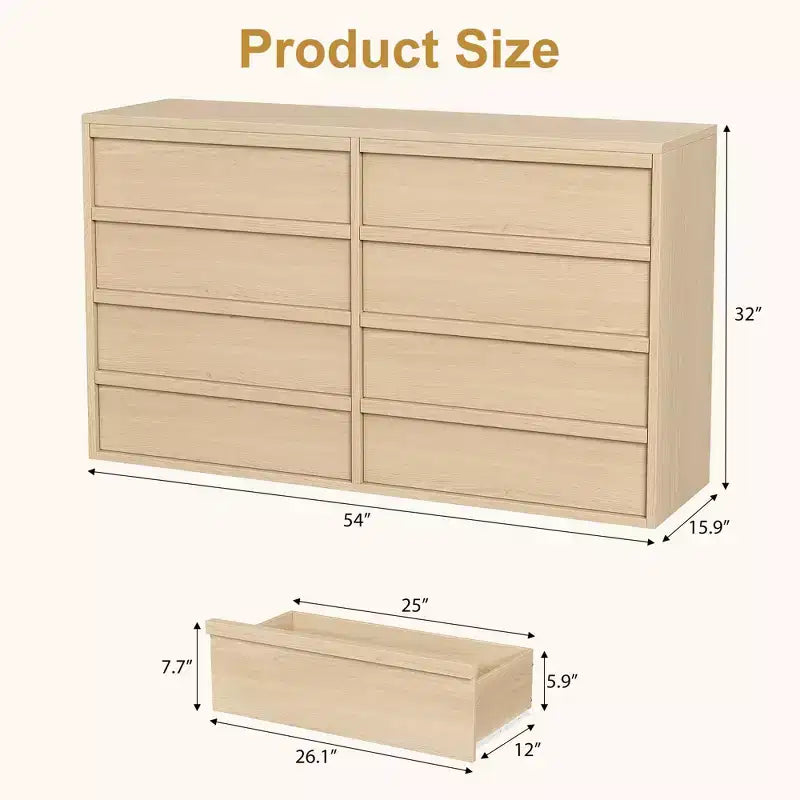 Comò a 8 cassetti per camera da letto, 54 pollici di larghezza, rovere naturale, comò a 8 cassetti con ampio spazio di archiviazione, organizer in legno per soggiorno, cameretta, ingresso