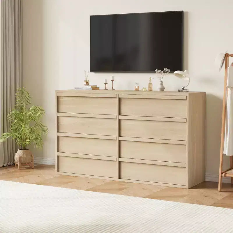 Comò a 8 cassetti per camera da letto, 54 pollici di larghezza, rovere naturale, comò a 8 cassetti con ampio spazio di archiviazione, organizer in legno per soggiorno, cameretta, ingresso