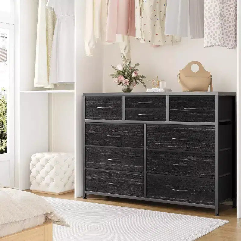Cassettiera in tessuto a 10 cassetti per camera da letto, piano in legno, struttura in acciaio, comò moderno, cassettiera leggera con contenitori in tessuto per soggiorno, corridoio