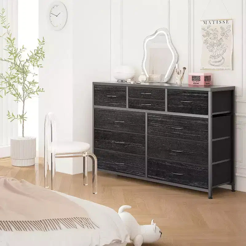 Cassettiera in tessuto a 10 cassetti per camera da letto, piano in legno, struttura in acciaio, comò moderno, cassettiera leggera con contenitori in tessuto per soggiorno, corridoio