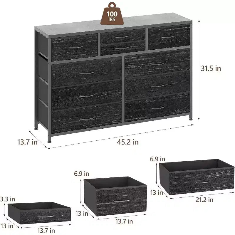 Cassettiera in tessuto a 10 cassetti per camera da letto, piano in legno, struttura in acciaio, comò moderno, cassettiera leggera con contenitori in tessuto per soggiorno, corridoio