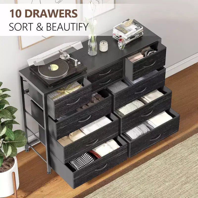 Cassettiera in tessuto a 10 cassetti per camera da letto, piano in legno, struttura in acciaio, comò moderno, cassettiera leggera con contenitori in tessuto per soggiorno, corridoio