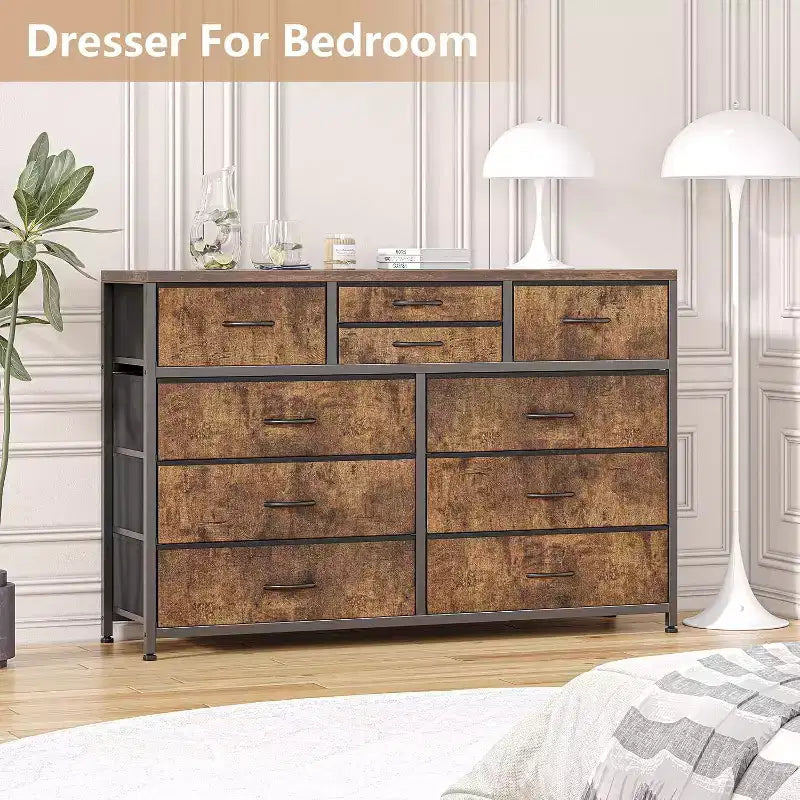 Cassettiera in tessuto a 10 cassetti per camera da letto, piano in legno, struttura in acciaio, comò moderno, cassettiera leggera con contenitori in tessuto per soggiorno, corridoio