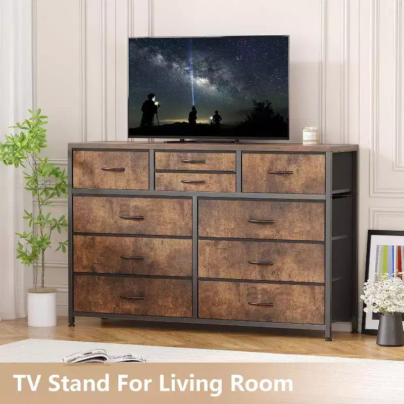 Cassettiera in tessuto a 10 cassetti per camera da letto, piano in legno, struttura in acciaio, comò moderno, cassettiera leggera con contenitori in tessuto per soggiorno, corridoio