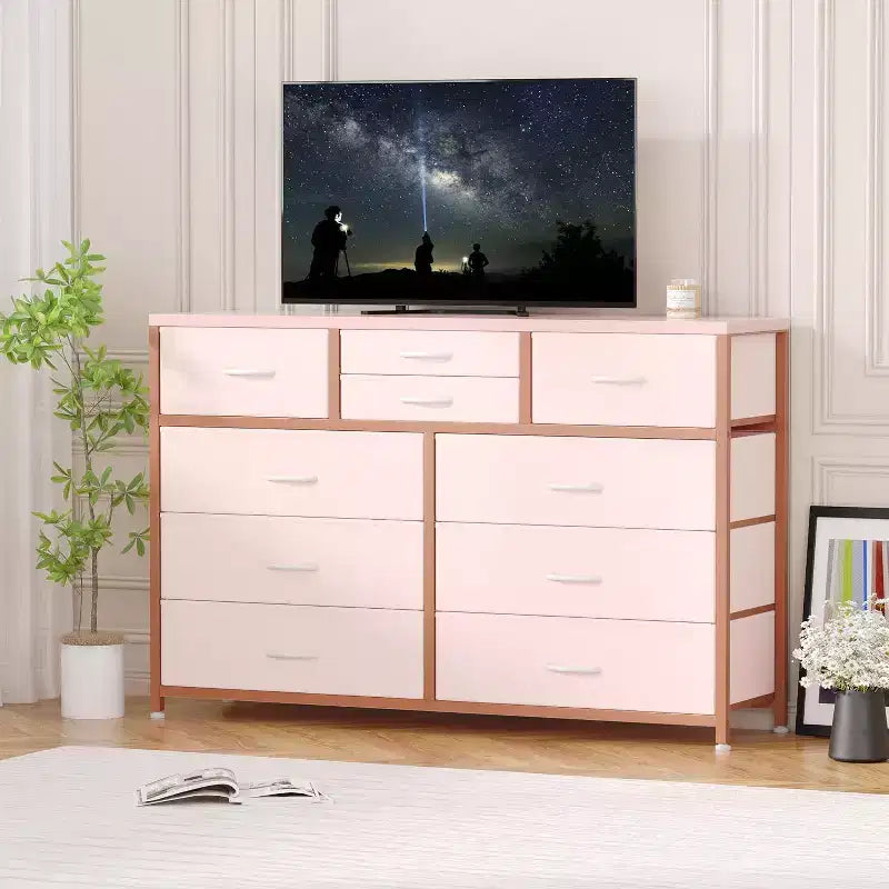Cassettiera in tessuto a 10 cassetti per camera da letto, piano in legno, struttura in acciaio, comò moderno, cassettiera leggera con contenitori in tessuto per soggiorno, corridoio