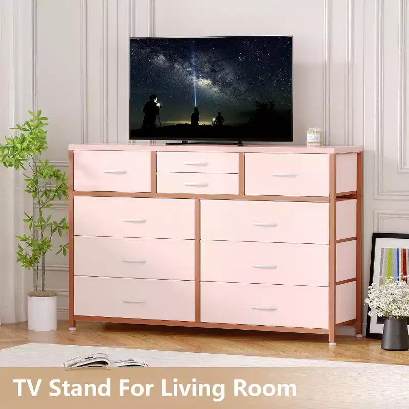 Cassettiera in tessuto a 10 cassetti per camera da letto, piano in legno, struttura in acciaio, comò moderno, cassettiera leggera con contenitori in tessuto per soggiorno, corridoio